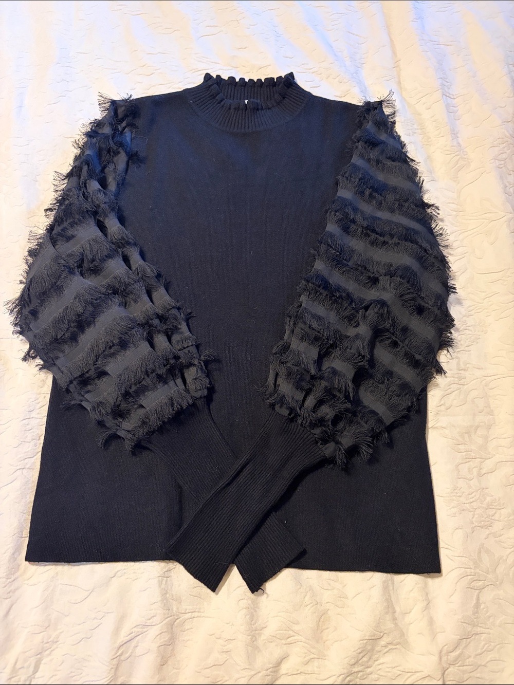 Sioni Black Fringe-Sleeve Cowl Neck Sweater